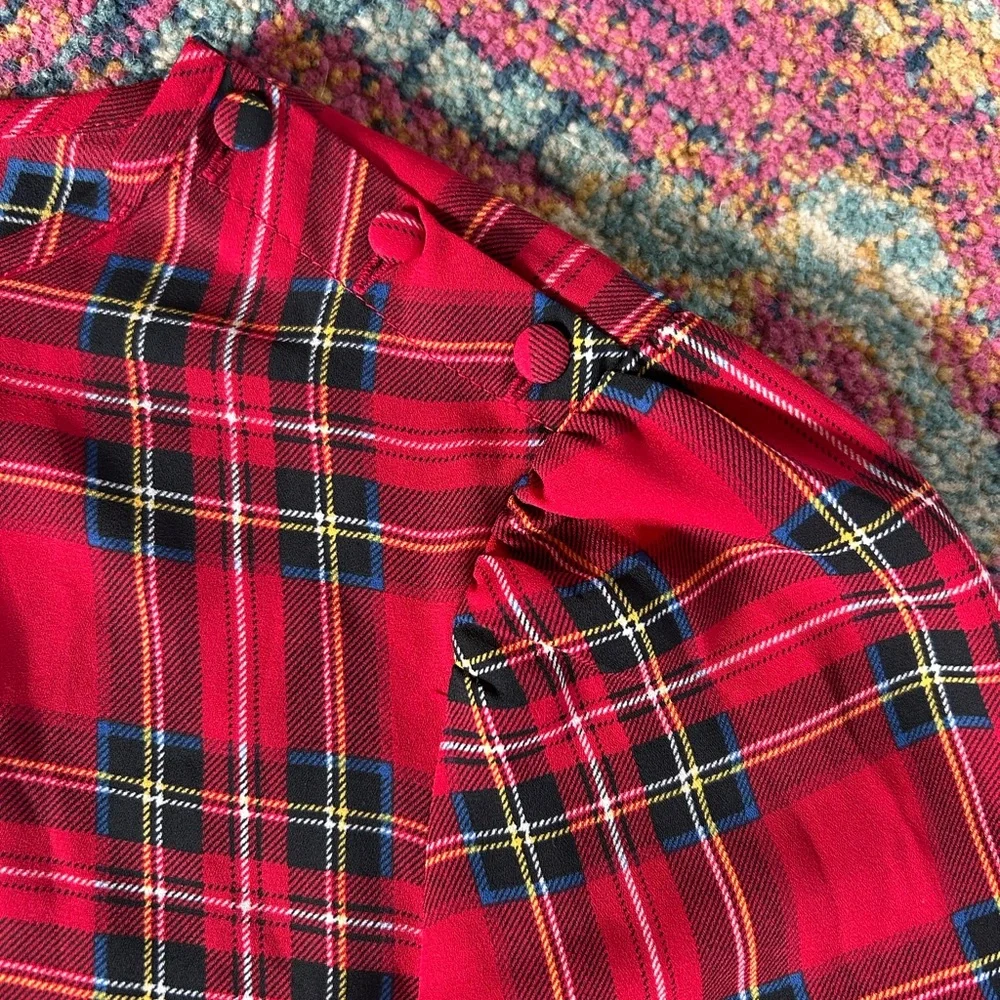 J. Crew | Women’s Red/Multi Tartan Plaid Crewneck Ruffle Sleeve Hems Top, Size S